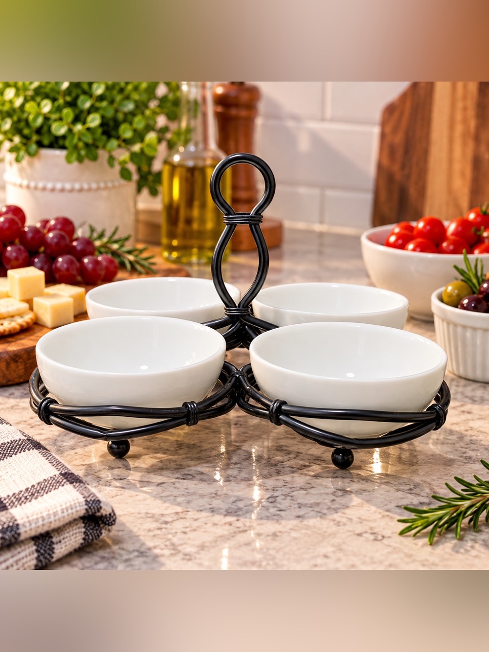 🔍 Pier 1 Imports Porcelain (4) Bowl Appetizer Serving Set w/ Metal Caddy